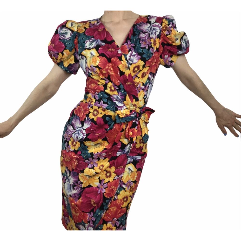 Vintage Nipon floral puff sleeve‎ cotton wrap dress small